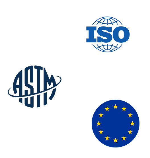ASTM, ISO, & EU logos